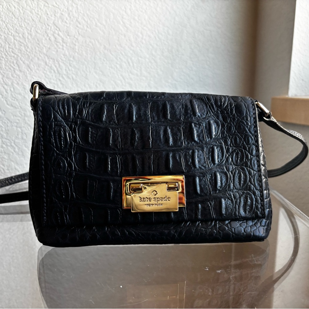 Kate Spade Black Croc-Embossed Crossbody Bag with Gold Accents